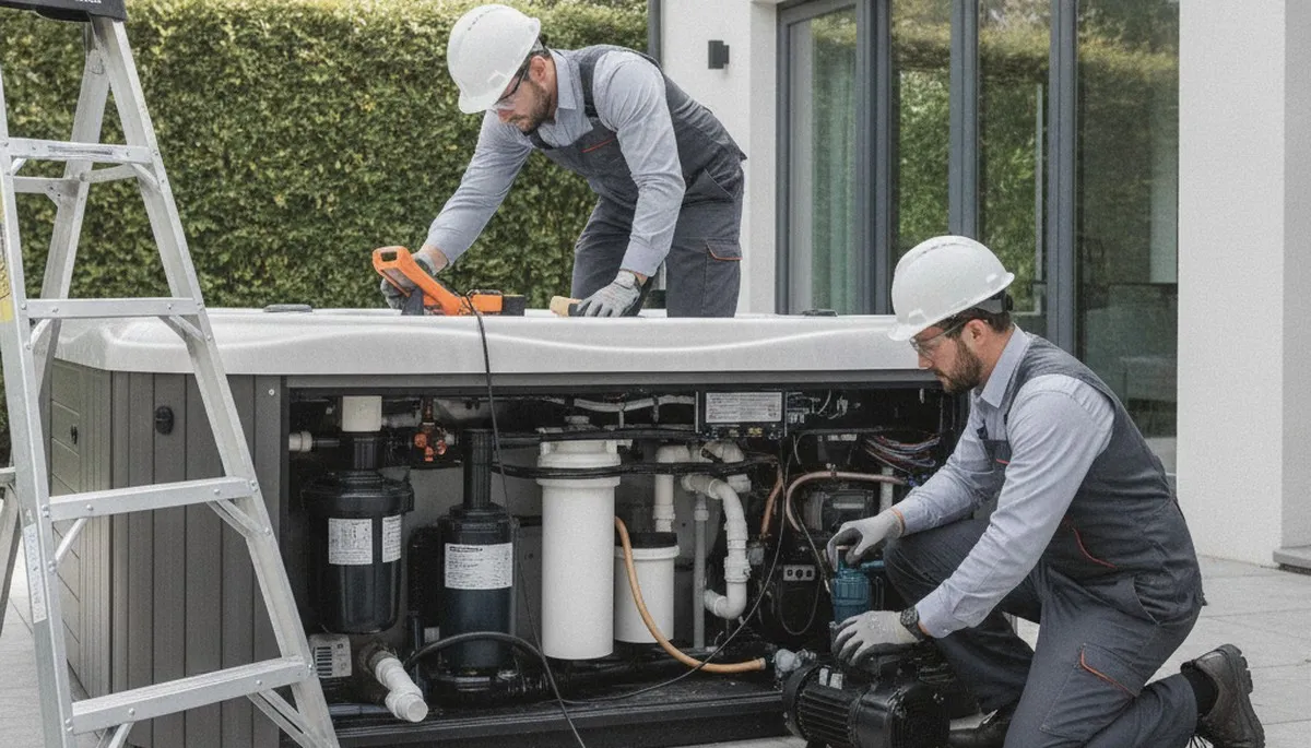 Spa repair technicians servicing an El Paso, TX home spa system for On Call Plumbers